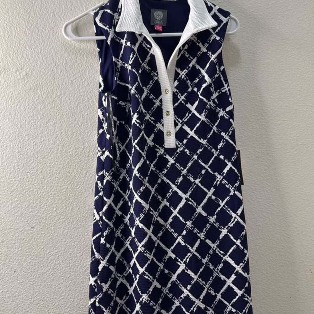 Vince Camuto Sleeveless Navy & White Geo Print Polo Dress
